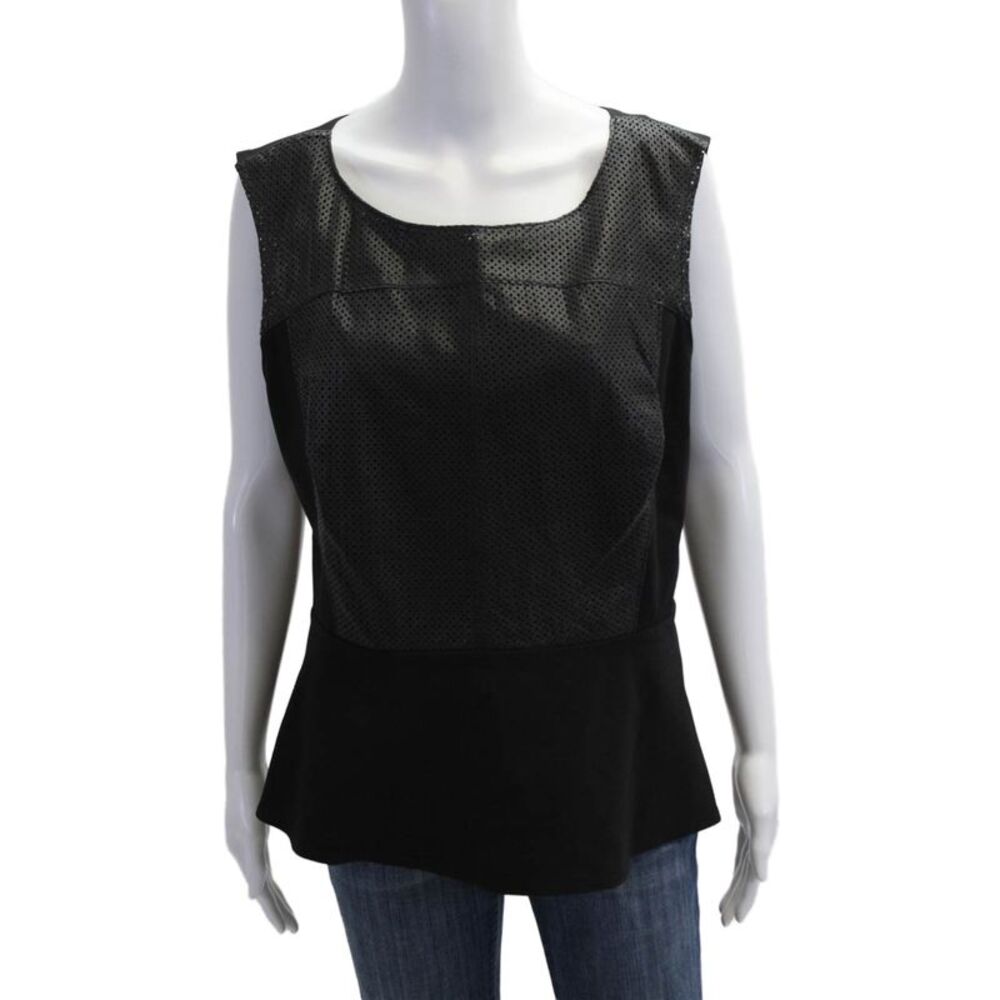 Halogen Women Leather Black Tank Zip Round Neck Sleeveless Size XL Petite